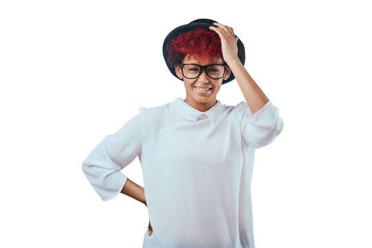 Fashion, hipster and face of woman with glasses and hat isolated on transparent, png background Confidence, cool and person with red hair in stylish clothes, trendy accessories and casual outfit