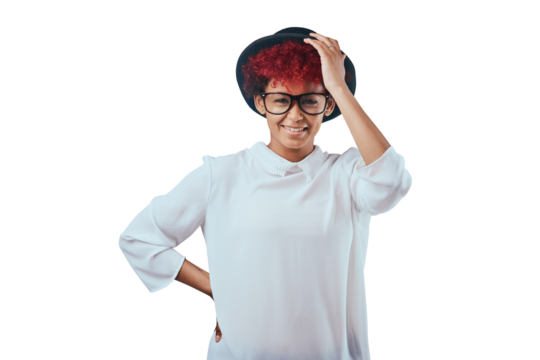 Fashion, hipster and face of woman with glasses and hat isolated on transparent, png background Confidence, cool and person with red hair in stylish clothes, trendy accessories and casual outfit - Powered by Adobe