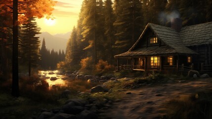 A secluded cabin in the woods, its windows aglow with the soft light of sunset, casting long shadows amidst the tranquil forest surroundings.