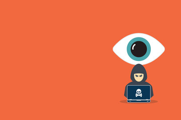 Hacker watching your every move on web. Hacker with laptop computer stealing confidential data, personal information and credit card detail. Hacking concept.	