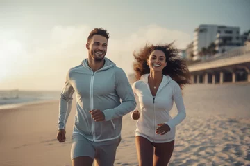 Tuinposter Active couple jogging on beach at sunrise © Iona