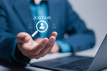 Job Fair concept. Businessman holding job fair icon on virtual for employee recruitment and...