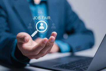 Job Fair concept. Businessman holding job fair icon on virtual for employee recruitment and onboarding program. occupational, applicants, recruit, and hiring.