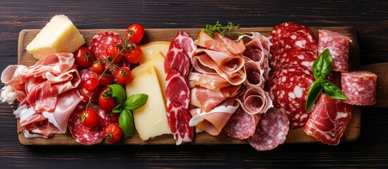 A wooden cutting board showcasing a selection of meats and cheeses, highlighting the natural foods derived from animal products.
