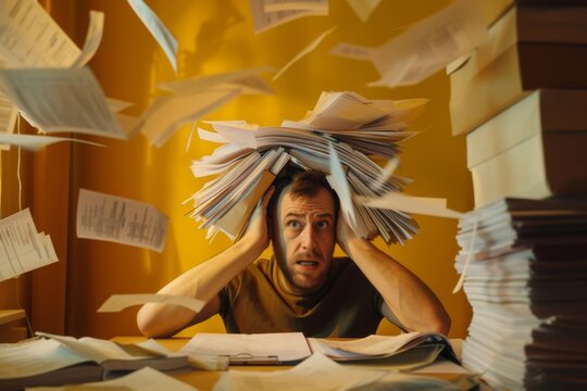 Stressed man with paperwork at home	