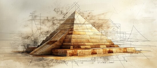A drawing of a triangular ancient pyramid on paper, set against a backdrop of a beautiful landscape under a clear sky. The art features a slope and is outlined with intricate wood font details.