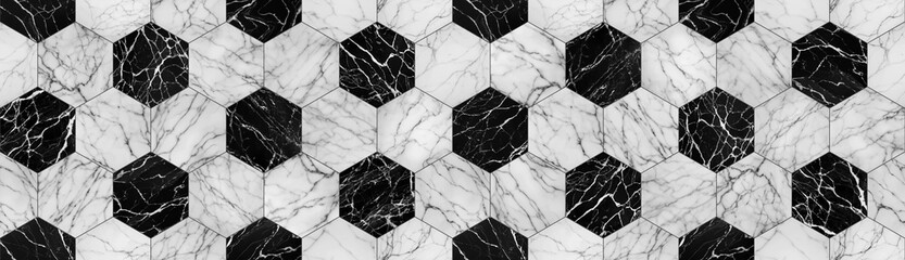 Marble tiles black white textured seamless background closeup. Empty wall wide format banner AI illustration.