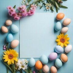 Easter composition. Easter eggs, flowers, paper blank on pastel blue background. Flat lay, top view, copy space.