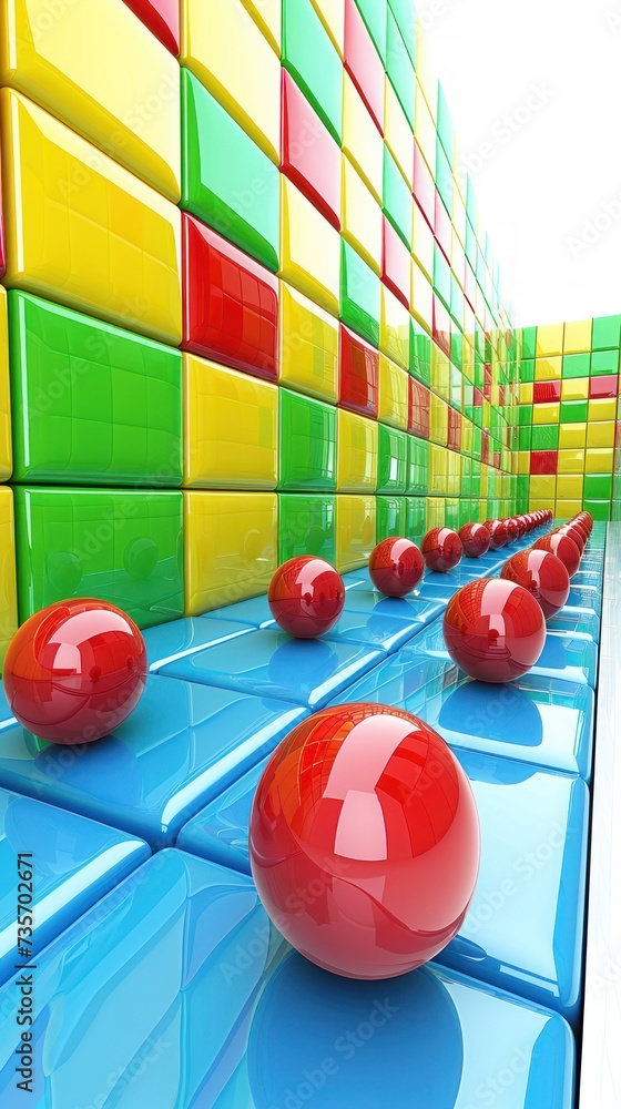 Poster red spheres in a row with yellow cubes in the background.