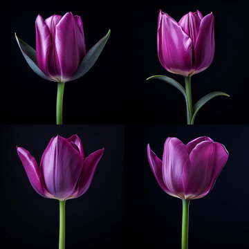 Hintergund, collage, geschlossenen lila Tulpe auf schwarzem Hintergrund, hohe Qualität, isoliert, makro, blatt, closed purple tulip on black background, high quality, isolated, macro, leaf