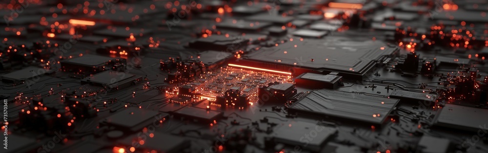 Poster computer processor illuminated with red lights banner.