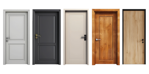 Set of home door elements for open and close isolated on transparent png background, interior design concept.
