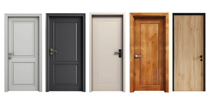 Set of home door elements for open and close isolated on transparent png background, interior design concept.