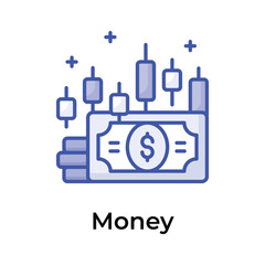 Currency note and coin with candlestick chart showing concept icon of money trading