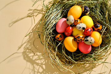 Easter eggs in pink, yellow and orange colors in a nest of grass.