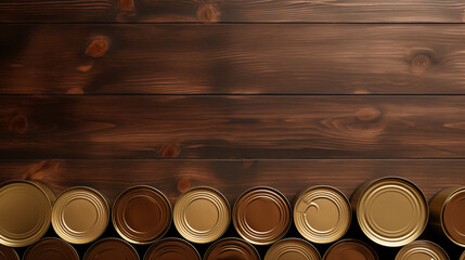 Many closed tin cans on wooden table, Space for text