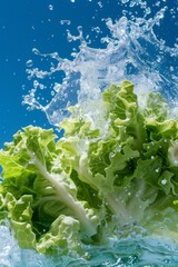 Food photo of romaine lettuce juice waterfall splash, liquid explosion, against a bright blue sky background