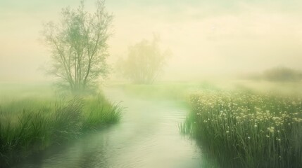 Obraz na płótnie Canvas Mystic Mornings: Ethereal Mist over a Serene Riverside with Wildflowers