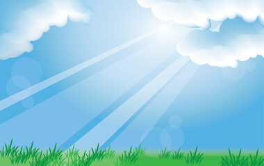 Empty Banner with blue sky and green grass. Vector illustration.