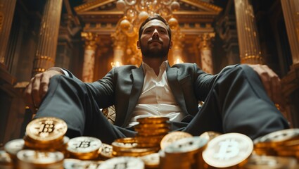 Obraz premium A businessman sitting on stack of a bitcoin with stock markets in the background
