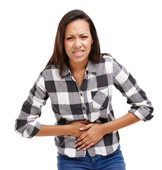 Woman, portrait and stomach ache, pain and gut health with period cramps or endometriosis on png...
