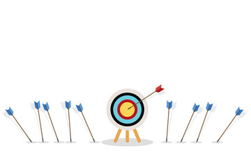 Business challenge failure and success concept. Blue arrows missed hitting target and only red one hits the center.	