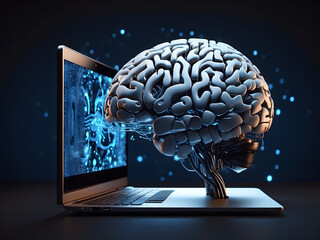 A computer and brain on dark backgrounds design with a blue light design.