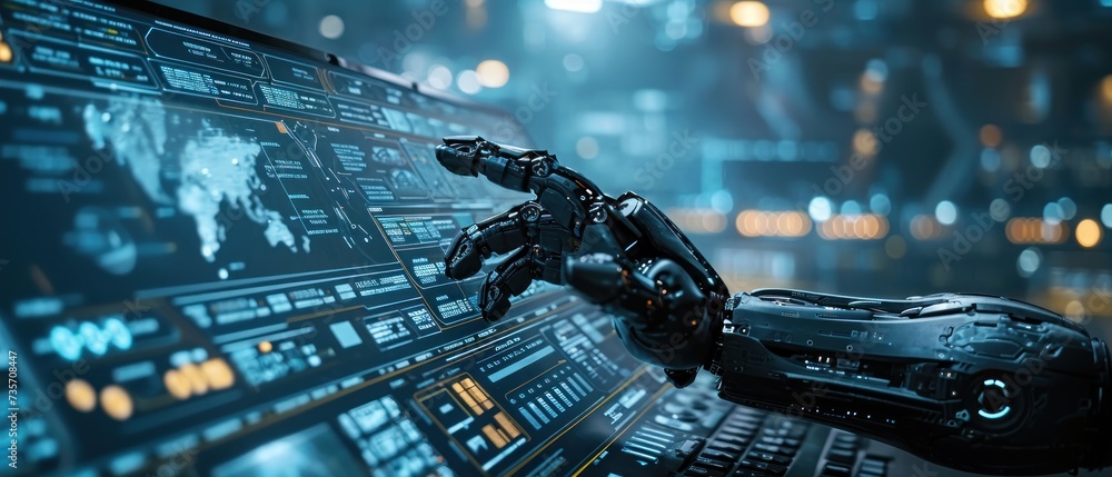 Poster a futuristic robotic arm, epitomizing the pinnacle of cyber innovation, operates within the realms o