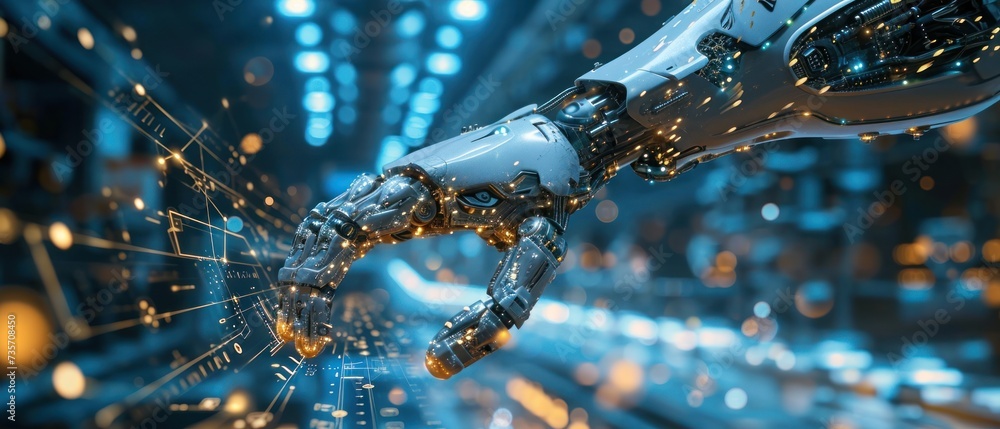 Poster a futuristic robotic arm, epitomizing the pinnacle of cyber innovation, operates within the realms o