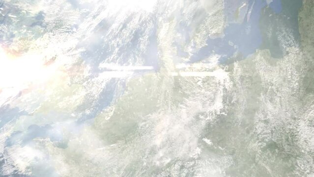 Earth zoom in from space and focus on Vechta, Germany. 3D Animation. Satellite view. Background for travel intro. Images from NASA.