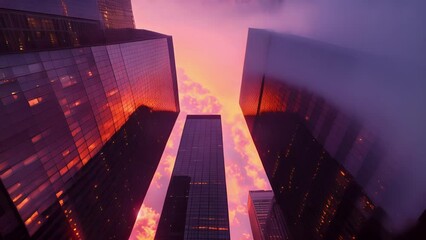 Against a backdrop of a fiery sunset the jagged profiles of modern office buildings form a striking and unique silhouette of a citys downtown core.