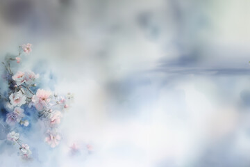 cascade de fleurs pastel roses, blanches et bleues sur un fond très romantique, abstrait clair, blanc et bleu. Espace négatif pour texte copyspace. Fête des mères, des grand-mères romantisme