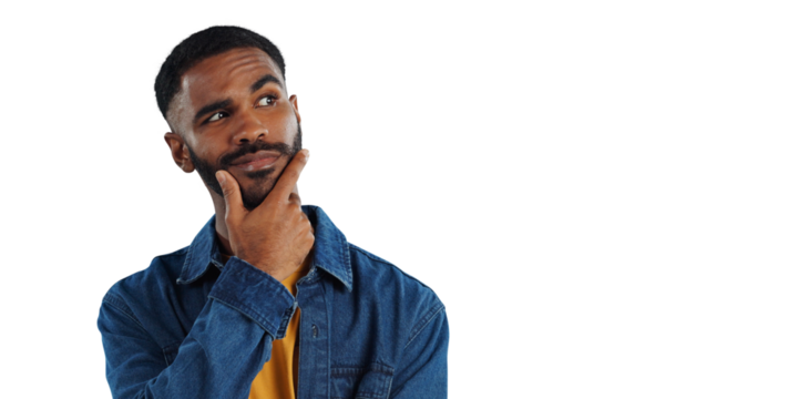 Planning, thinking and face of man with ideas, choice and decision on png and transparent background. Questions, isolated and person with hand gesture for brainstorming, problem solving and solution - Powered by Adobe