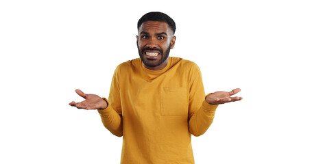 Confused, doubt and portrait of man with dont know, gesture on isolated, png and transparent background. Why, questions and face of unsure person with hand gesture for oops, mistake and decision