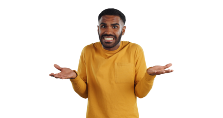 Confused, doubt and portrait of man with dont know, gesture on isolated, png and transparent background. Why, questions and face of unsure person with hand gesture for oops, mistake and decision