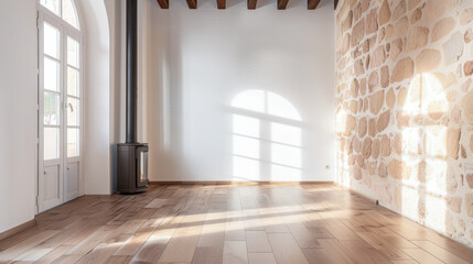 Fototapeta premium Empty room with bright light and a fireplace. Natural texture and minimalist interior design.
