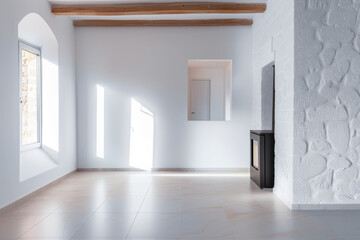 Empty room with bright light and a fireplace. Natural texture and minimalist interior design.