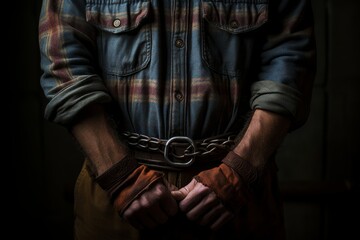 Obraz premium Close-up of rough male hands chained with iron shackles, prisoner or criminal justice concept
