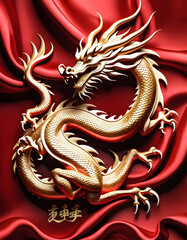 Fototapeta premium Chinese Year of the Dragon 2024, 3D dragon on red Silk cloth