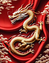 Chinese Year of the Dragon 2024, 3D dragon on red Silk cloth
