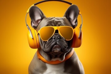 Playful dog wearing colorful headphones - cute and funny canine with trendy accessories