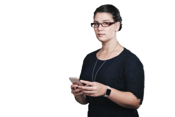 Portrait, woman or glasses with phone for communication, research or social media browsing. Smartphone, accessories and businesswoman for texting, search and isolated on transparent png background