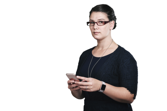 Portrait, woman or glasses with phone for communication, research or social media browsing. Smartphone, accessories and businesswoman for texting, search and isolated on transparent png background