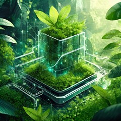 environment data, abstract background with futuristic screens getting covered by plants and greenery