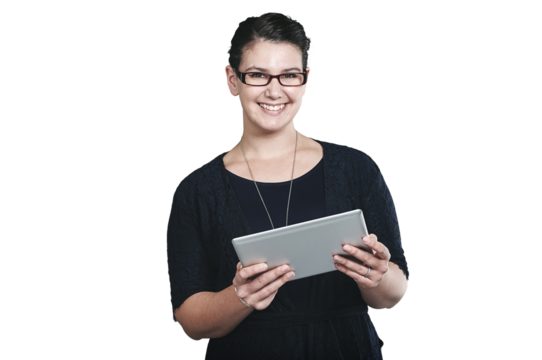Happy, tablet and portrait of woman networking on social media, app or the internet for communication. Smile, digital technology and female person read blog on website by transparent png background.