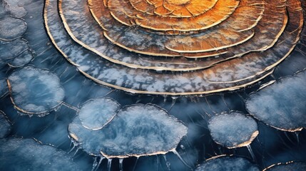 Natural ice patterns in frozen water at sunset