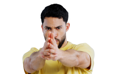 Hands, finger gun and portrait of man with target, aim or shooting on isolated, transparent or png background. Finger, weapon and face of spy in secret agent character with warning, threat or focus