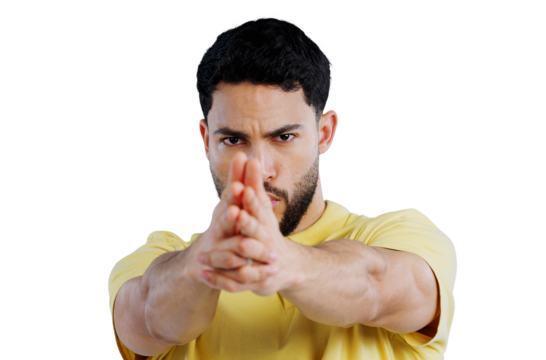 Hands, finger gun and portrait of man with target, aim or shooting on isolated, transparent or png background. Finger, weapon and face of spy in secret agent character with warning, threat or focus