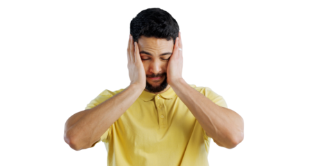 Anxiety, stress or frustration and headache man isolated on transparent background with fatigue. Burnout, depression or mental health and tired young person on PNG with emotion of grief, loss or pain