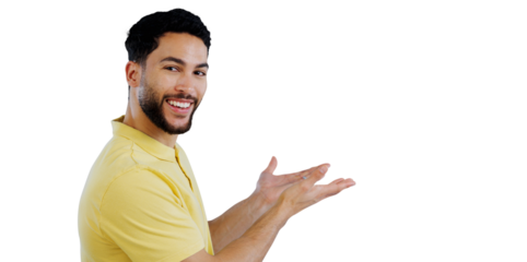 Portrait, man or happy with advertising presentation for information, deal or news about us for creative company. Smile, indian person or show with hand gesture isolated on png transparent background